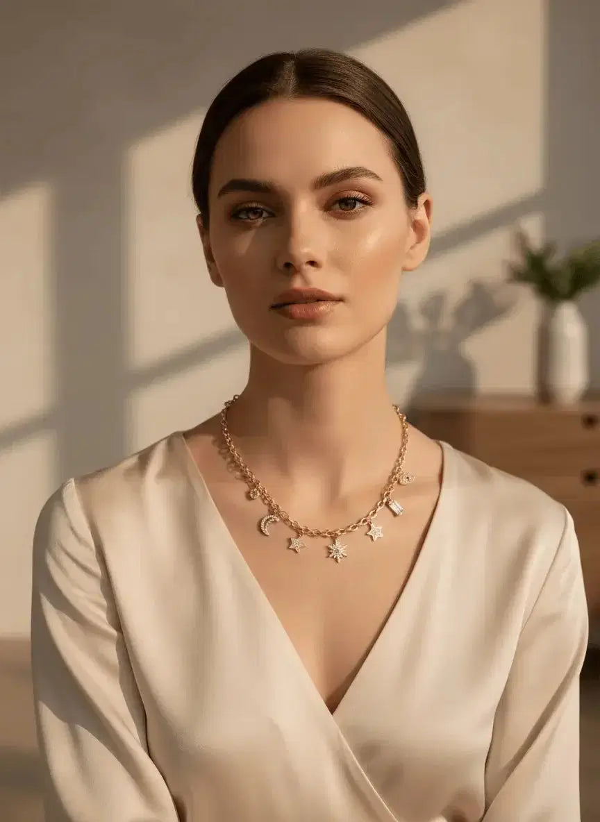 gold crystal celestial charm necklace