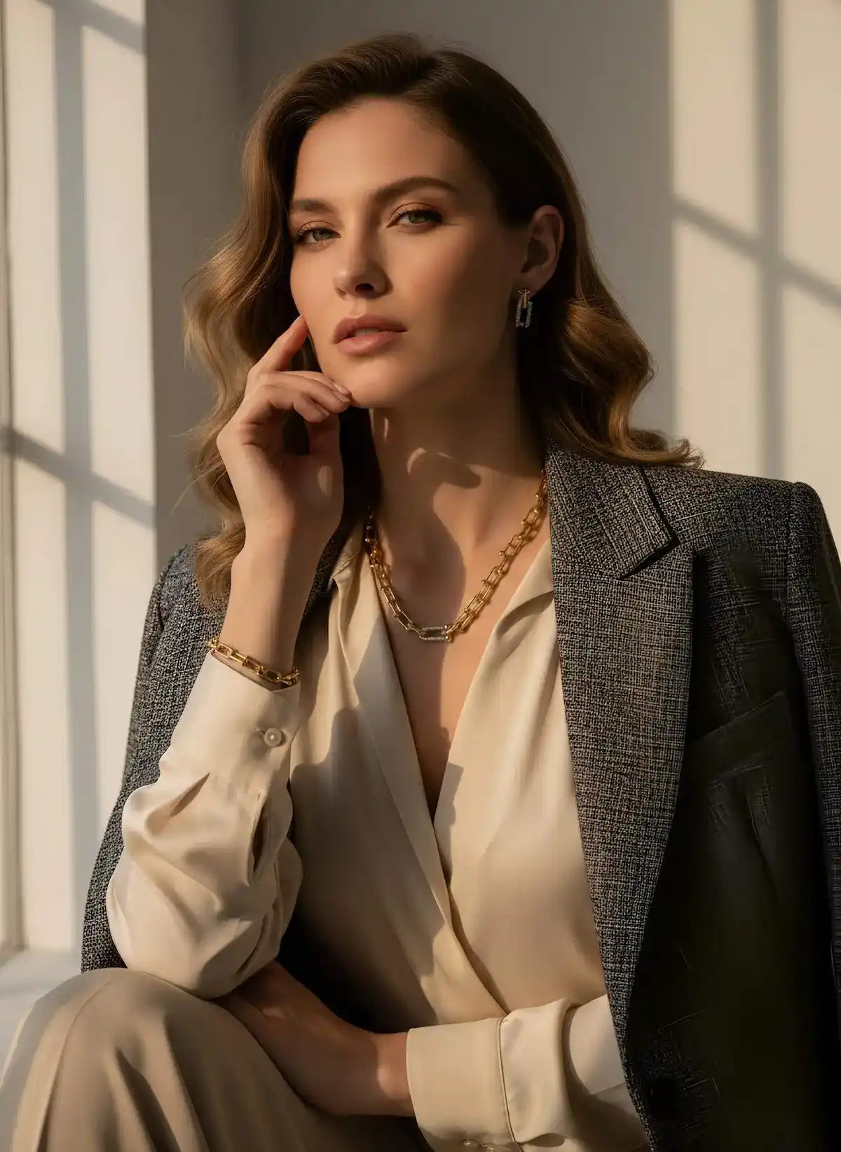 Woman in a stylish outfit with a Gold Plated Chain Jewelry Set with Zircon (3pcs)