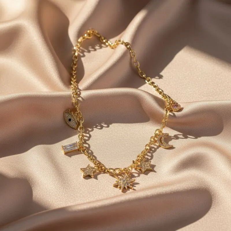 gold crystal celestial charm necklace