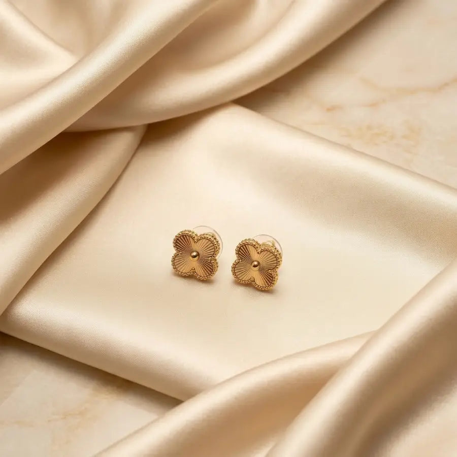 Gold Plated Clover Stud Earrings with Radiating Texture