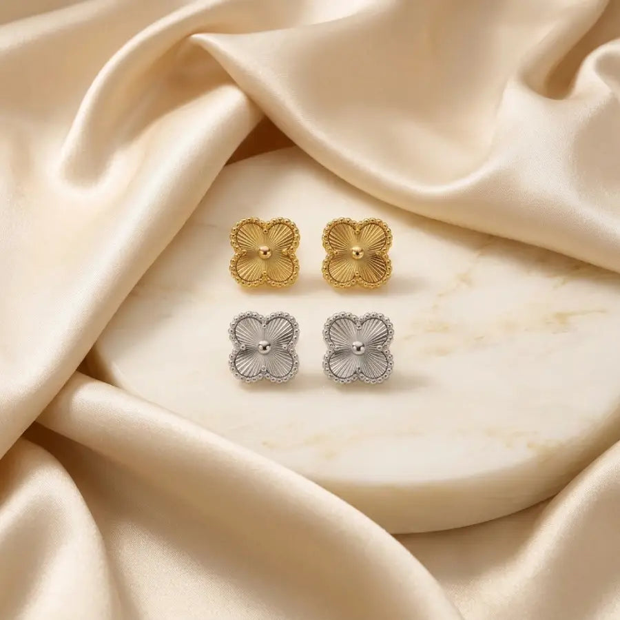 Gold Plated Clover Stud Earrings with Radiating Texture