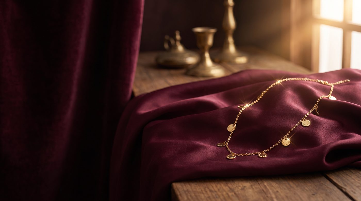 Gold plated necklace on silk